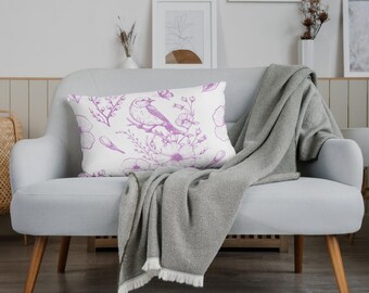 Lavender Floral Lumbar Pillow: Bird & Flower Design, 14" x 20"