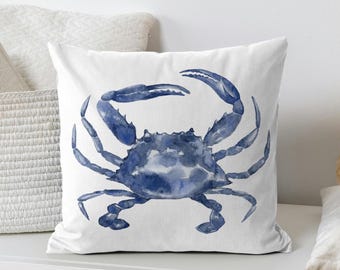 Blue Crab Watercolor Pillow Cover: Coastal Nautical Home Decor