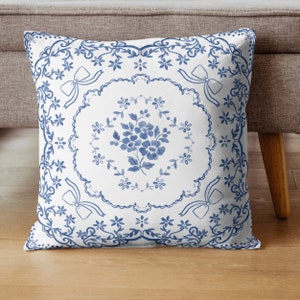 Blue Toile Throw Pillow: Shabby Chic Lace Bow Accent Pillow