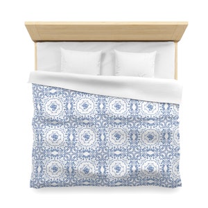Blue and White Toile Duvet Cover: Shabby Chic Bedding with Lace Bows