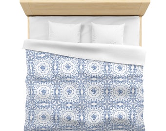 Funda nórdica de toile azul y blanco: ropa de cama shabby chic con lazos de encaje