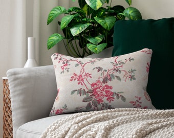 Almohada lumbar vintage de toile rosa: diseño floral antiguo (20 x 14)