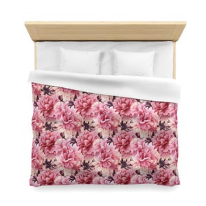Pink Peony Floral Microfiber Duvet Cover, Flower Bedding Set, Botanical Bedroom Decor, Feminine Home Textiles, Floral Print Comforter Cover