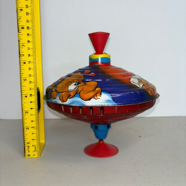 Spinning Top LBZ Bear Humming Vintage 1980s Tin Made In West Germany Working ( see full video with narrative in description)