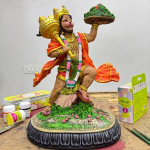 Hanuman Idol Flying Pose With Holding Hill Of Herbs-Height-12 Inches-Hand painted-Hanuman Statue