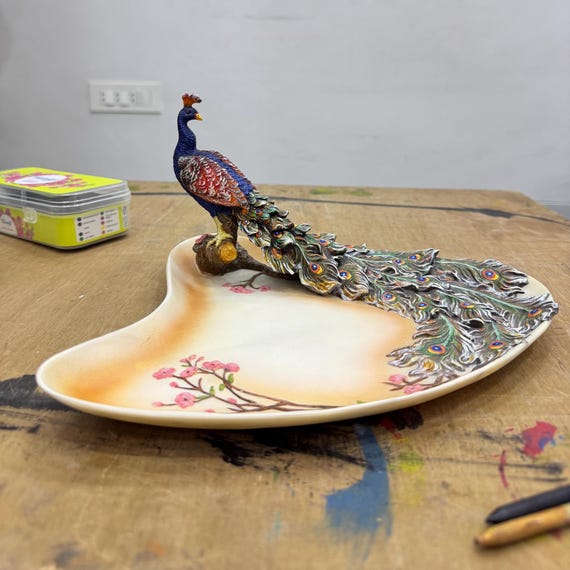 Art Nouveau Peacock Platter Handmade and Handpainted-kitchen Serve