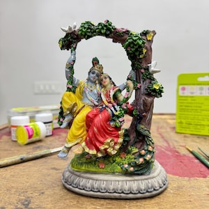 Medium Sitting Radha Krishna Idol On Swing-Height-6 Inches-Handpainted-Statue For Temple