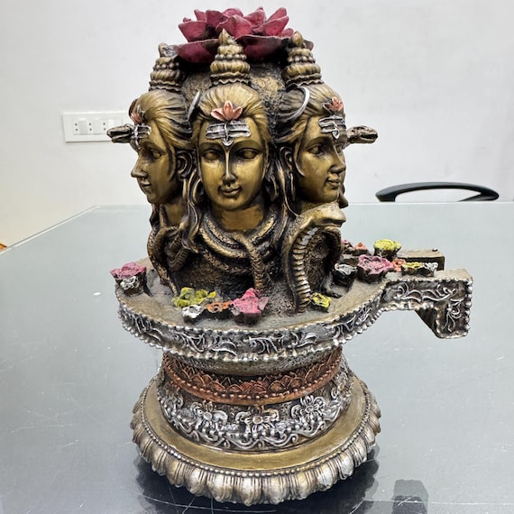 3 Mukhi Shiv Ling Idom-shiva Lingam-height-7 Inches-resin-metallic