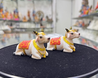 Small Pair Of Kneeling Decorated Cow-White Color-Height-3&quot;-Resin-Handpainted