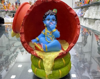 Baby Laddoo Gopal Krishna Idol Stealing Butter Inside Pot-Handpainted-Height-4.5&quot;-Resin-Statue