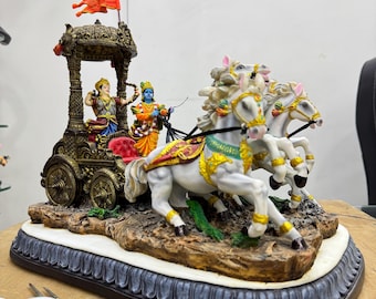 Krishna Arjun On Geeta Rath-Mahabharat Scene Depiction Idol-Length-17 Inches-Multicolored-Resin-Geeta Upadesh