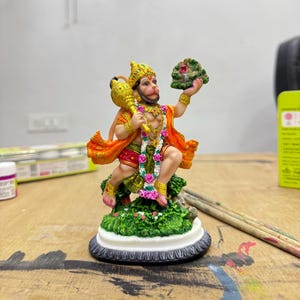 Hanuman Idol Flying Pose With Hill-Height-5.5 Inches-Hand painted-Hanuman Statue