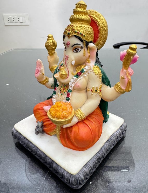 ガネーシャ　直筆画　ガナパティ　バクティ ガネーシャ像 手描き ガンパティ ムルティ - 高さ 5.5 インチ - 樹脂製