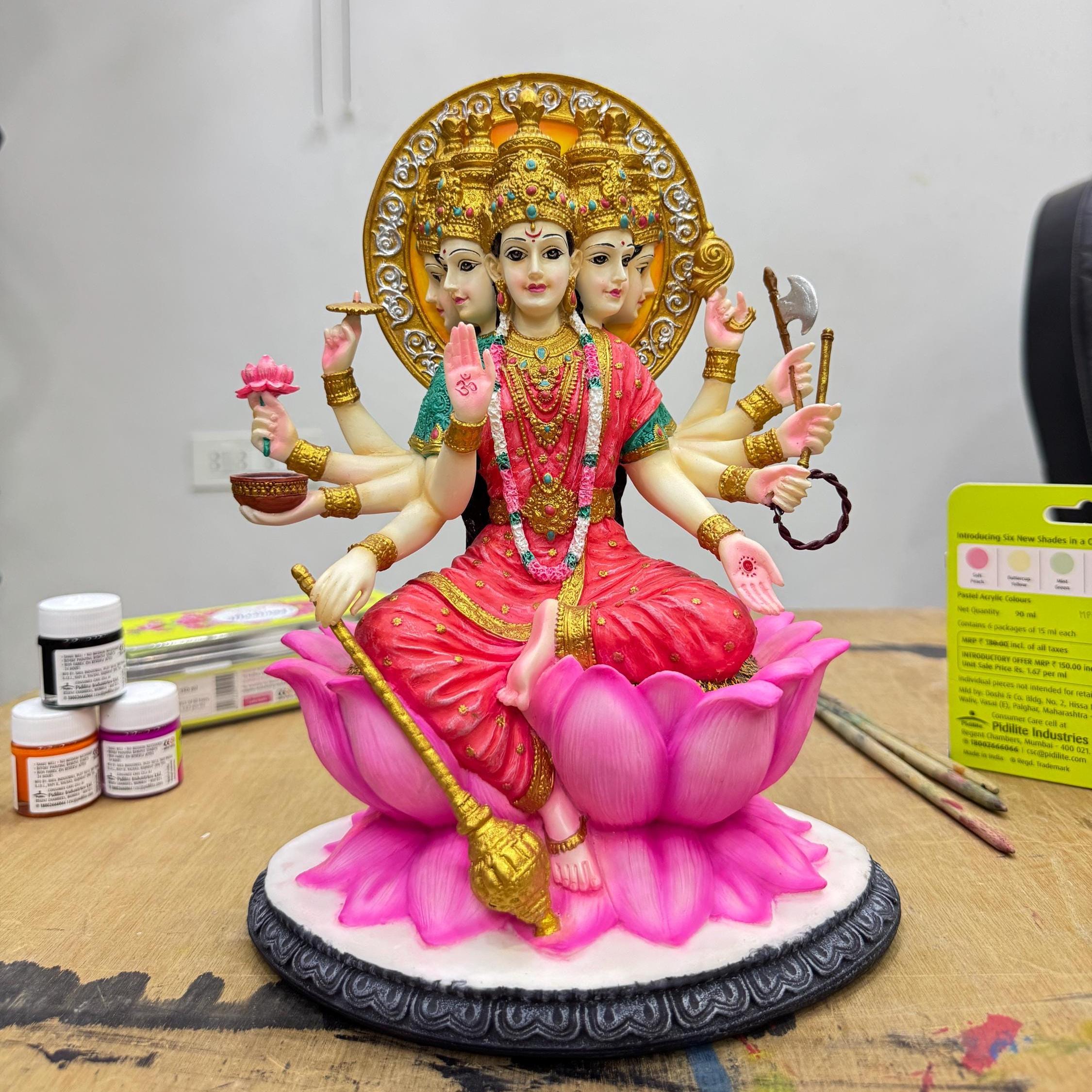 Big Beautiful Gayatri Mata Idol Sitting On Lotus-Hand painted-Height-11 Inches-Resin-Gayatri Statue-Indian Goddess