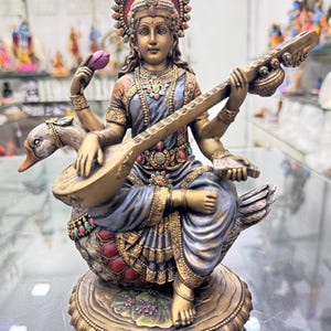 Saraswati Statue Hand painted With Sitar and Swan-Height-8.5 Inches-Resin-Metallic