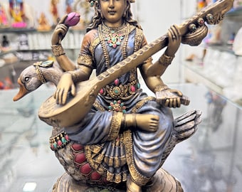 Saraswati Statue Hand painted With Sitar and Swan-Height-8.5 Inches-Resin-Metallic