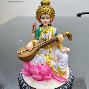 Saraswati Statue Hand painted With Sitar Sitting On Lotus-Height-5.5 Inches-Resin