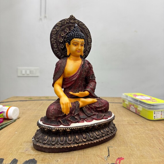 座禅釈迦牟尼仏像 手描きの偶像 高さ10.5インチ 樹脂製 仏教の神