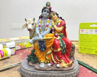 Große sitzende Radha Krishna Idol mit Kuh-Höhe-7 Zoll-Handbemalt-Statue für Tempel
