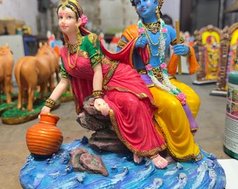 Large Sitting Radha Krishna Besides Yamuna-Height-12.5 Inches-Handpainted-Statue For Temple