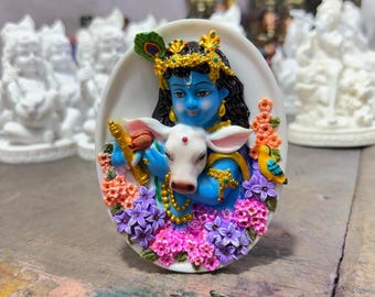 Baby Krishna With Cow Depicted On a Wall Hanging-Handpainted-Height-5 Inches