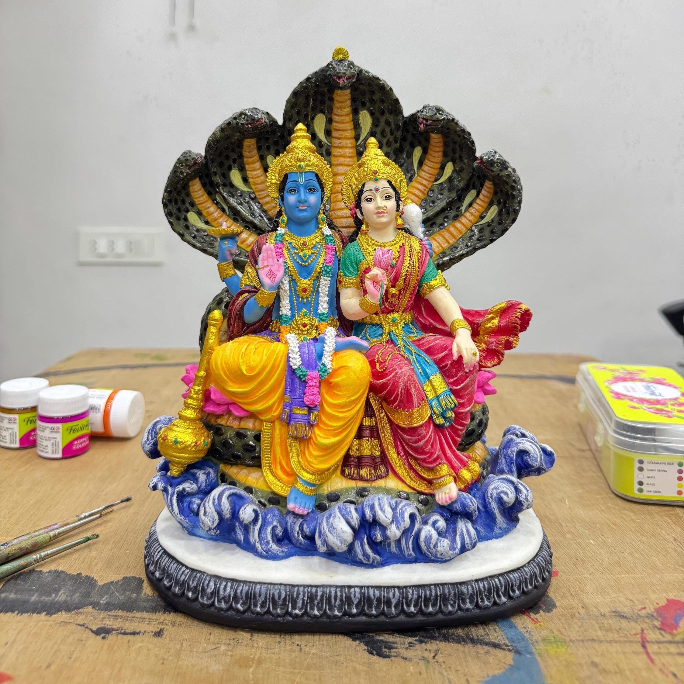 Big Sitting Vishnu Laxmi Idol Lakshmi Statue-height-10 Inches