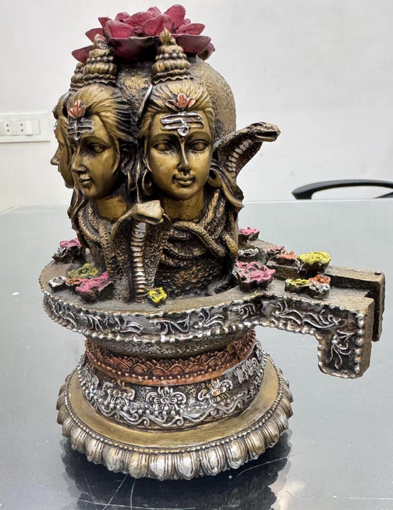 3 Mukhi Shiv Ling Idom-shiva Lingam-height-7 Inches-resin-metallic