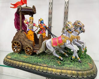 Large Krishna Arjun On Geeta Rath-Mahabharat Scene Depiction Idol-Length-17 Inches-Multicolored-Resin-Geeta Upadesh