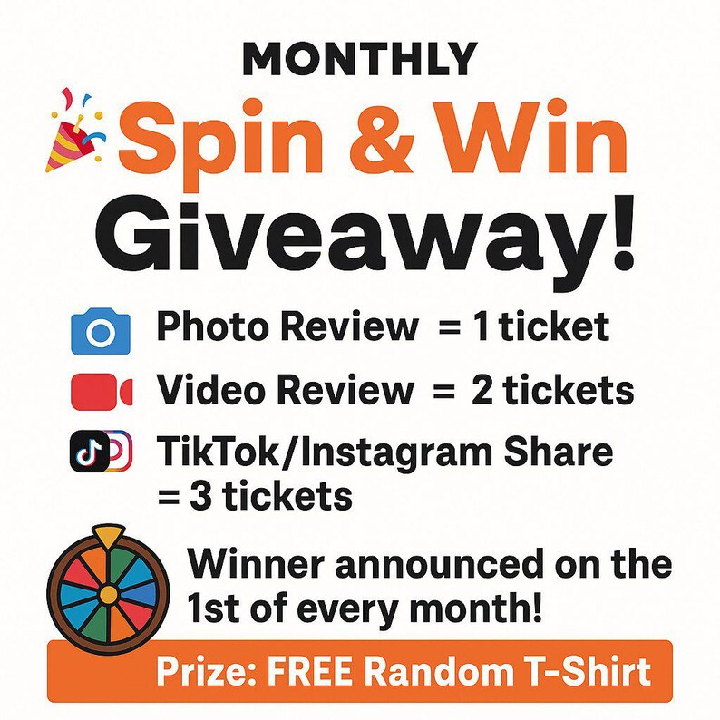 May include: A promotional graphic for a monthly giveaway. The text reads "Spin & Win Giveaway!" with instructions for earning tickets through photo, video, and social media shares. The prize is a free random t-shirt. The winner is announced on the 1st of each month.