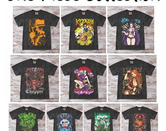 May include: A collection of ten black short-sleeve t-shirts featuring various One Piece anime character graphics, including Ace, Kizaru, Robin, Chopper, Boa Hancock, Nami, Brook, and Zoro, with the text One Piece Collection at the top.