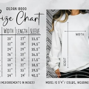 K&ouml;nnte beinhalten: Ein wei&szlig;es Gildan 18000 Sweatshirt mit Gr&ouml;&szlig;entabelle. Die Tabelle listet die Ma&szlig;e in Zoll f&uuml;r Breite, L&auml;nge und &Auml;rmell&auml;nge auf, von Gr&ouml;&szlig;e S bis 5XL. Ein Model in Gr&ouml;&szlig;e L wird gezeigt.