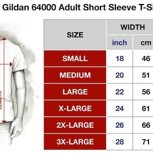 K&ouml;nnte beinhalten: Abbildung eines wei&szlig;en Gildan 64000 Adult Short Sleeve T-Shirts. Die Gr&ouml;&szlig;entabelle zeigt Ma&szlig;e in Zoll und cm. Die Gr&ouml;&szlig;en reichen von Small (46 cm Breite, 69 cm L&auml;nge) bis 3X-Large (71 cm Breite, 81 cm L&auml;nge).