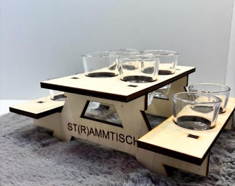CO2 laser file // Schnapps bench, regulars' table, gathering table, space for 8 schnapps glasses Ai, Dxf, Rd, SVG and Lightburn, 6 mm plywood