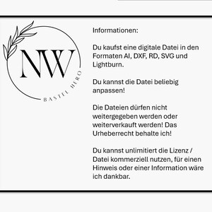 May include: Black and white logo with the letters NW inside a circle. The text "BASTEL HERO" is written around the circle. The text "Informationen" is written in black at the top of the image. The text below the logo describes the digital file format and licensing information.