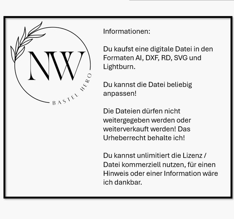 May include: Black and white logo with the letters NW inside a circle. The text "BASTEL HERO" is written around the circle. The text "Informationen" is written in black at the top of the image. The text below the logo describes the digital file format and licensing information.