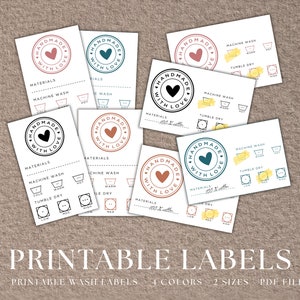 Instrucciones de lavado Tarjetas de cuidado, etiquetas de cuidado imprimibles - 4 colores, 2 tamaños en archivo PDF