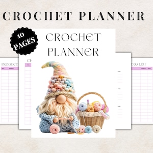 Könnte beinhalten: Ein druckbarer Häkelplaner mit 10 Seiten. Der Planer zeigt einen bunten Gnome, der Garn hält und einen Korb mit Garn. Der Planer enthält Abschnitte für die Produktplanung, die Garnliste und Projektnotizen.
