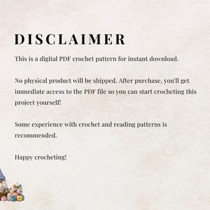 May include: A digital PDF crochet pattern announcement with the word "DISCLAIMER" at the top. The text explains the pattern is for instant download, with no physical product shipped. A gnome with a blue hat and a basket of yarn balls is in the lower left corner.