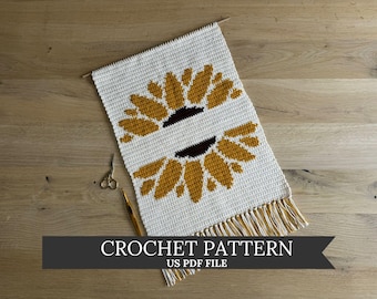 Sunflower crochet wall hanging pattern DIY tapestry pattern with boho flower design Modern crochet pattern for sunflower home decor DCW009