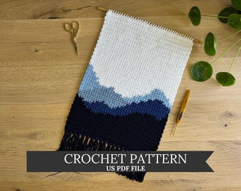 Mountain Moods Crochet Pattern for Modern Landscape Wall Hanging – Easy Digital Pattern with Blue Mountain Scene in PDF Format - DCW008