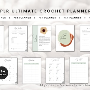 Può includere: Un planner digitale per uncinetti con oltre 44 modelli e 5 copertine Canva. Il planner include pagine per la pianificazione dei progetti, il campionamento dei punti e l'organizzazione della lana. La copertina presenta un fiore all'uncinetto e il testo "PLR Ultimate Crochet Planner".