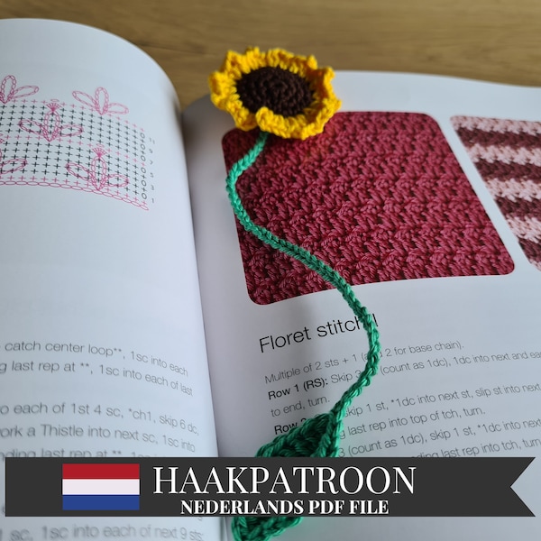 Zonnenbloem haakpatroon boekenlegger makkelijk patroon met geschreven instructies en foto's digitale PDF download Nederlands patroon