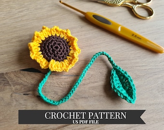 Sunflower crochet bookmark pattern, personalized unique bookmark gift for readers and booklovers, small easy crochet projects digital file
