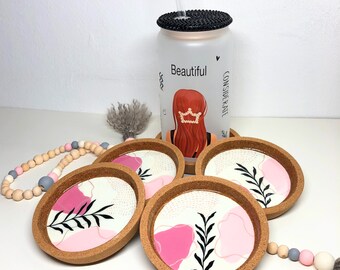 Juego de posavasos de corcho hecho a mano, Posavasos para bebidas, Posavasos rosa con resina, Pintado sobre corcho, Accesorios de cocina, Idea de regalo, Día de la Madre