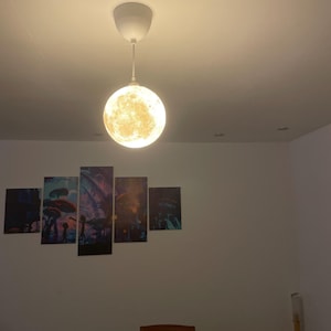 Eine kugelförmige Pendelleuchte mit einer detaillierten, strukturierten Oberfläche, die das Aussehen des Mondes nachahmt und ein warmes, leuchtendes Licht abgibt. Die Lampe hängt an einem weißen Kabel mit passendem weißen Deckenbaldachin.