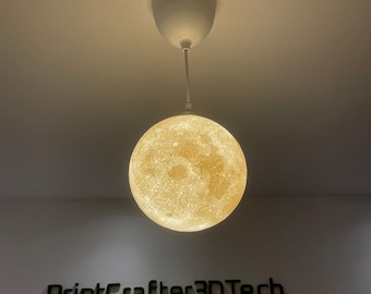 Hanglamp in maanvorm (205 mm) – 3D-geprint van PLA – realistisch maanoppervlak – E27 fitting met LED – hanglamp voor kinderkamers en woonkamers