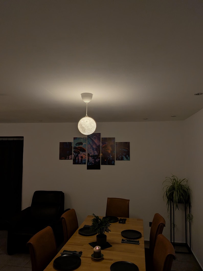 May include: A spherical moon-shaped pendant light fixture hangs from the ceiling above a wooden dining table. The table is set with black plates, a small potted plant, and a candle. A five-panel wall art piece is mounted on the wall behind the table.