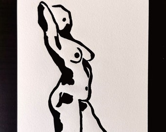 Linogravure noire - Femme Nue I - Estampe d'art - Dessin