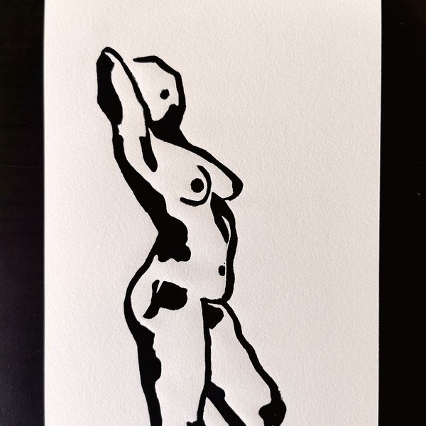 Linogravure noire - Femme Nue I - Estampe d'art - Dessin