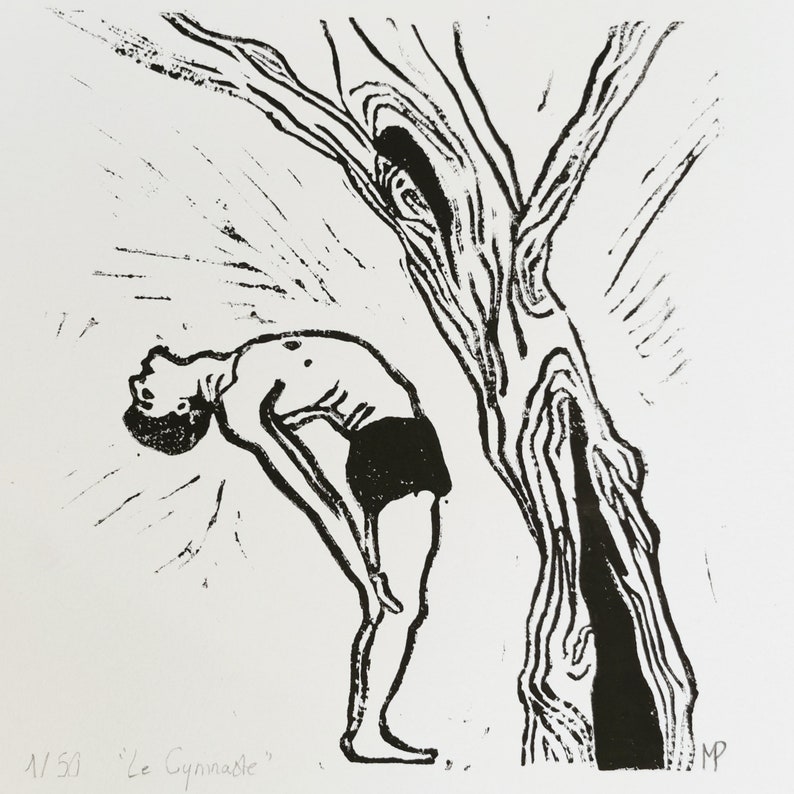 Linogravure noire L'homme et l'arbre Le gymnaste Estampe d'art Dessin image 2